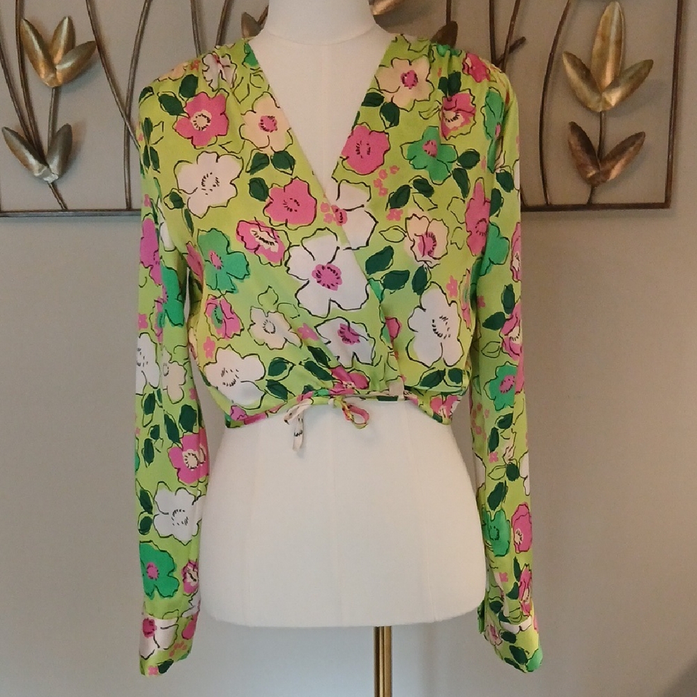 ZARA Green Pink and White Floral Wrap Blouse | Sz XL